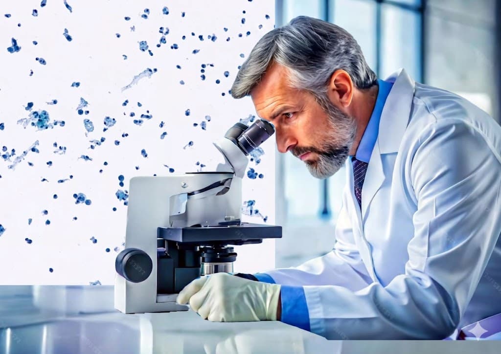 Pathologist reviewing a cytology slide through a microscope